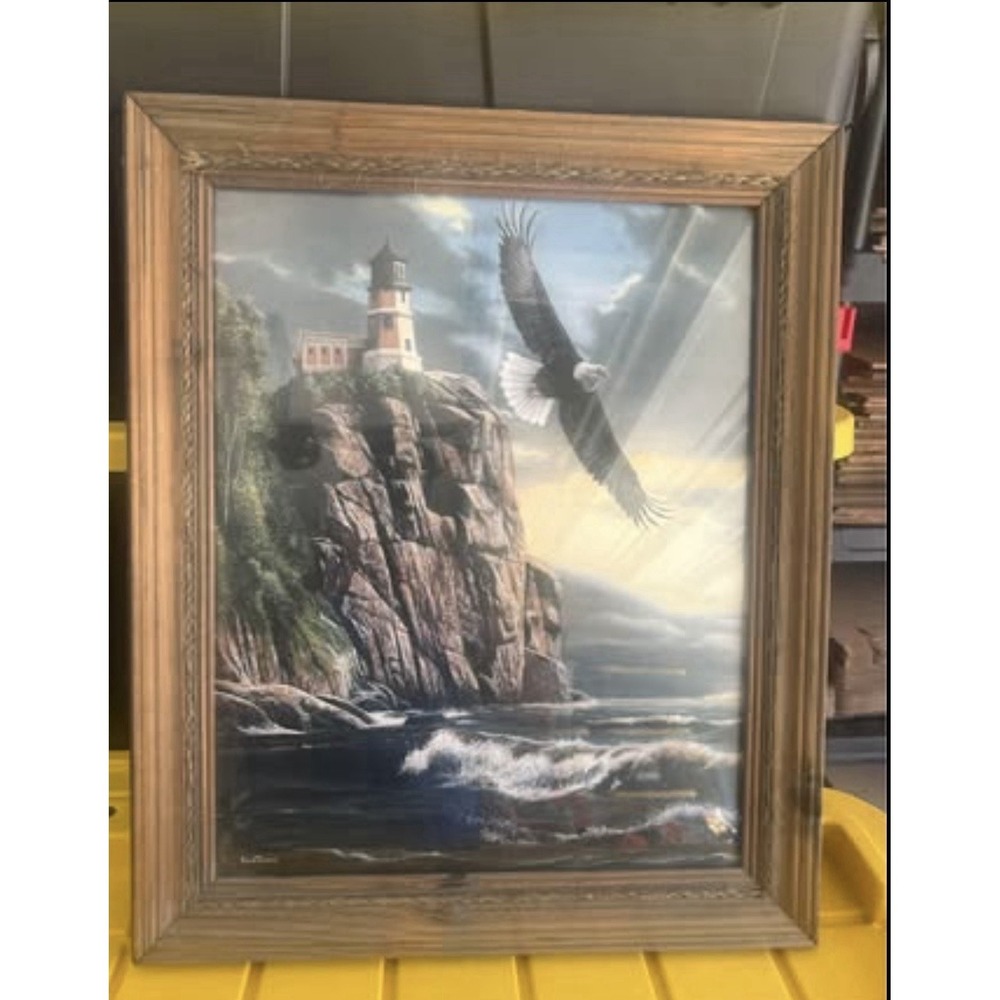 Vintage Kevin Daniel Signed Print Double Matted Framed Eagle Ocean Lighthouse